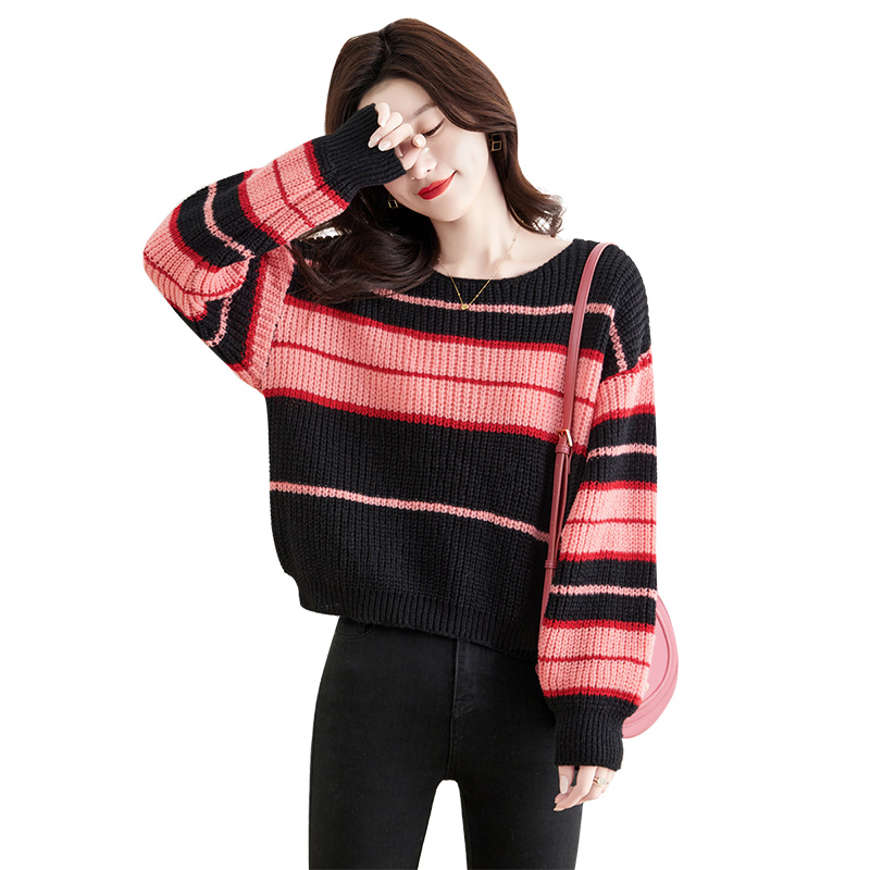 2023秋装新款女时尚条纹长袖撞色圆领套头针织衫S33P0121Z