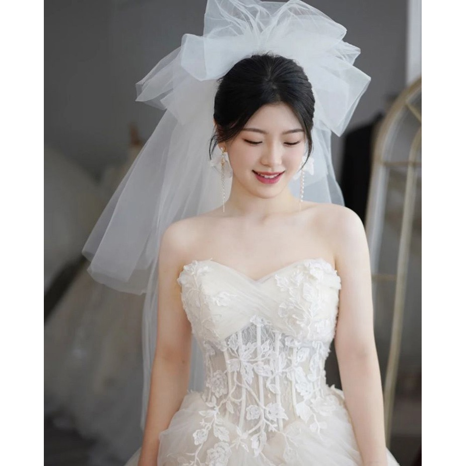2023新娘头纱新款韩式结婚头饰超仙森系婚纱旅拍双层拍照婚礼白纱