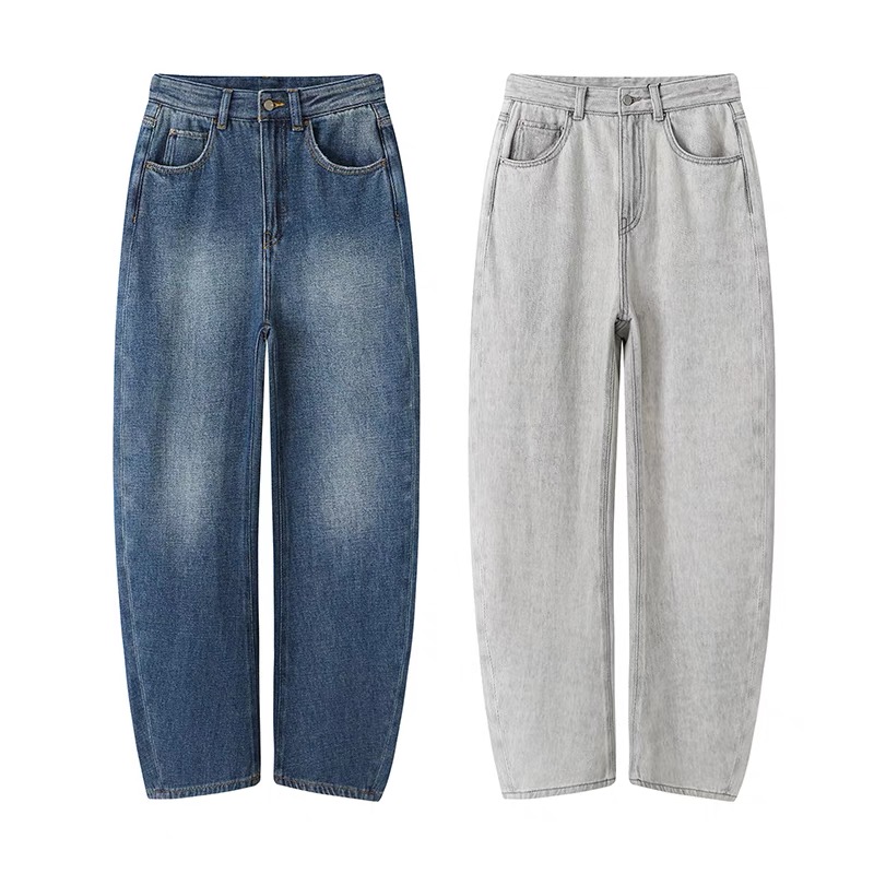 【海盐牛仔】秋冬新款复古水洗磨白阔腿牛仔裤休闲香蕉裤女.P4214
