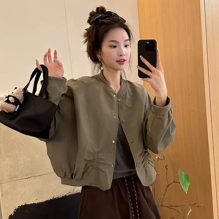 欧版圆领单排扣褶皱设计长袖短外套2025秋新宽松显瘦减龄上衣9803