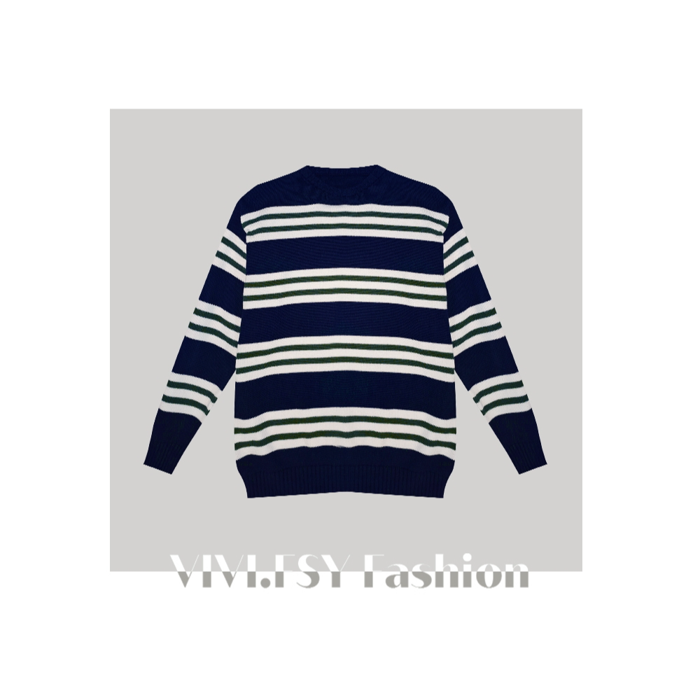 【刺绣标】条纹撞色拼接圆领毛衣4430