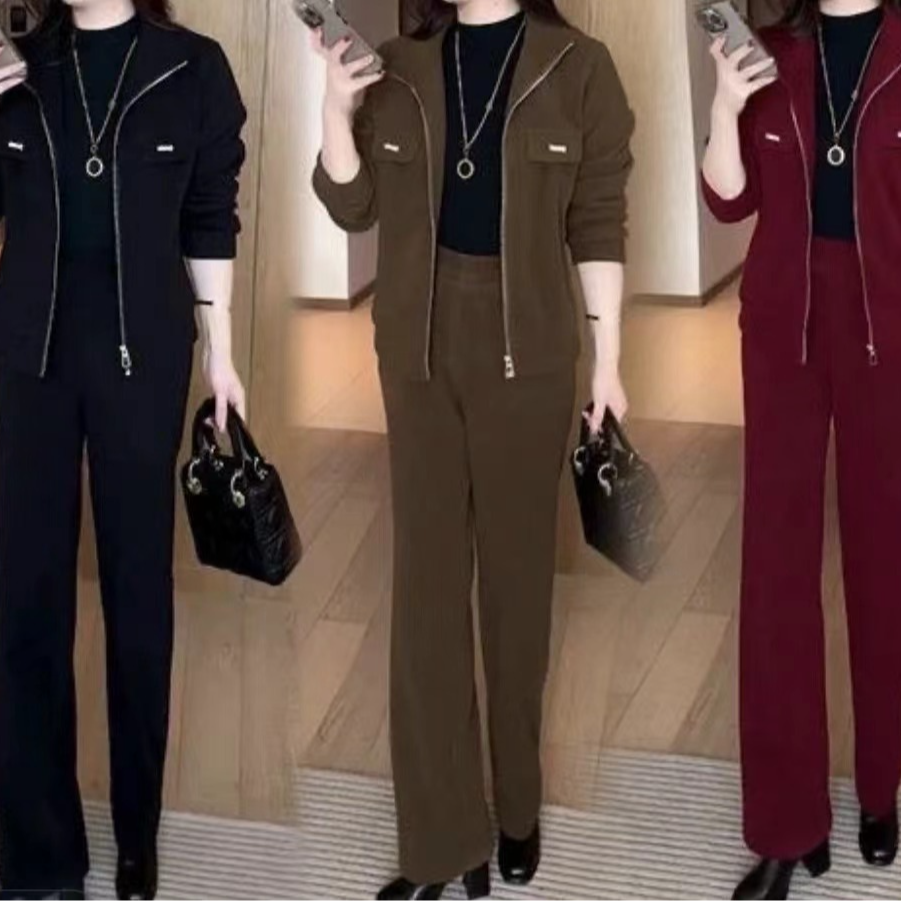 秋冬时尚洋气加绒加厚两件套妈妈装宽松休闲套装091