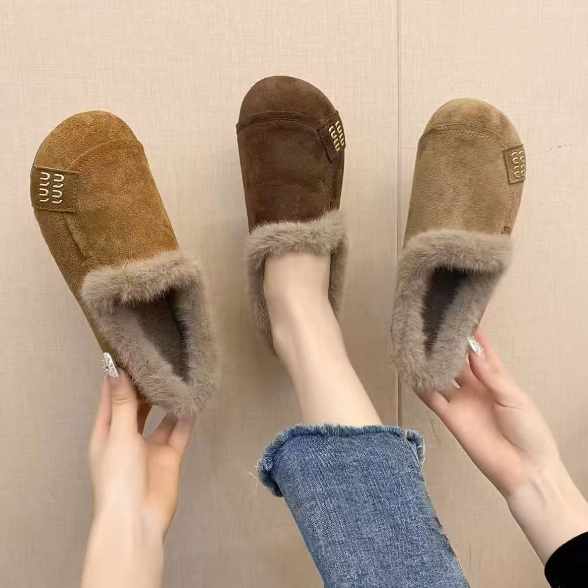 秋冬季新款防滑一脚蹬棉鞋女平底加绒保暖复古豆豆鞋