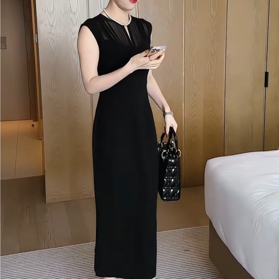 夏季新款修身显瘦拼接黑色气质无袖中长款连衣裙MH72401