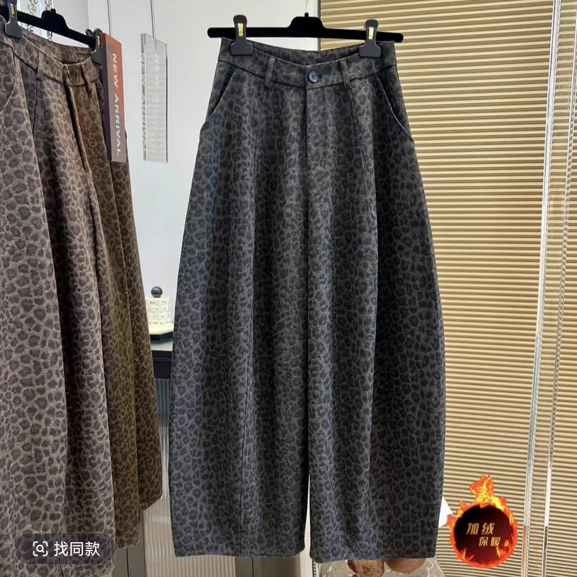 设计感小众豹纹高腰休闲裤宽松时髦弯刀裤女加绒冬季新款洋气长裤