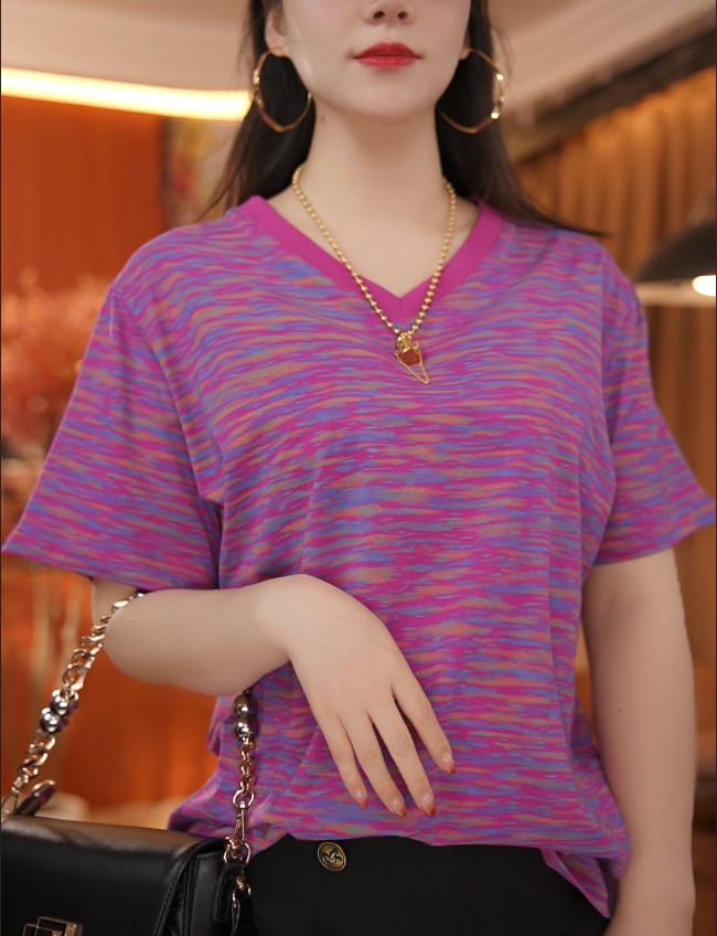 QJGAODING-夏季新款潮流幻彩动感条纹短袖T恤【1246】