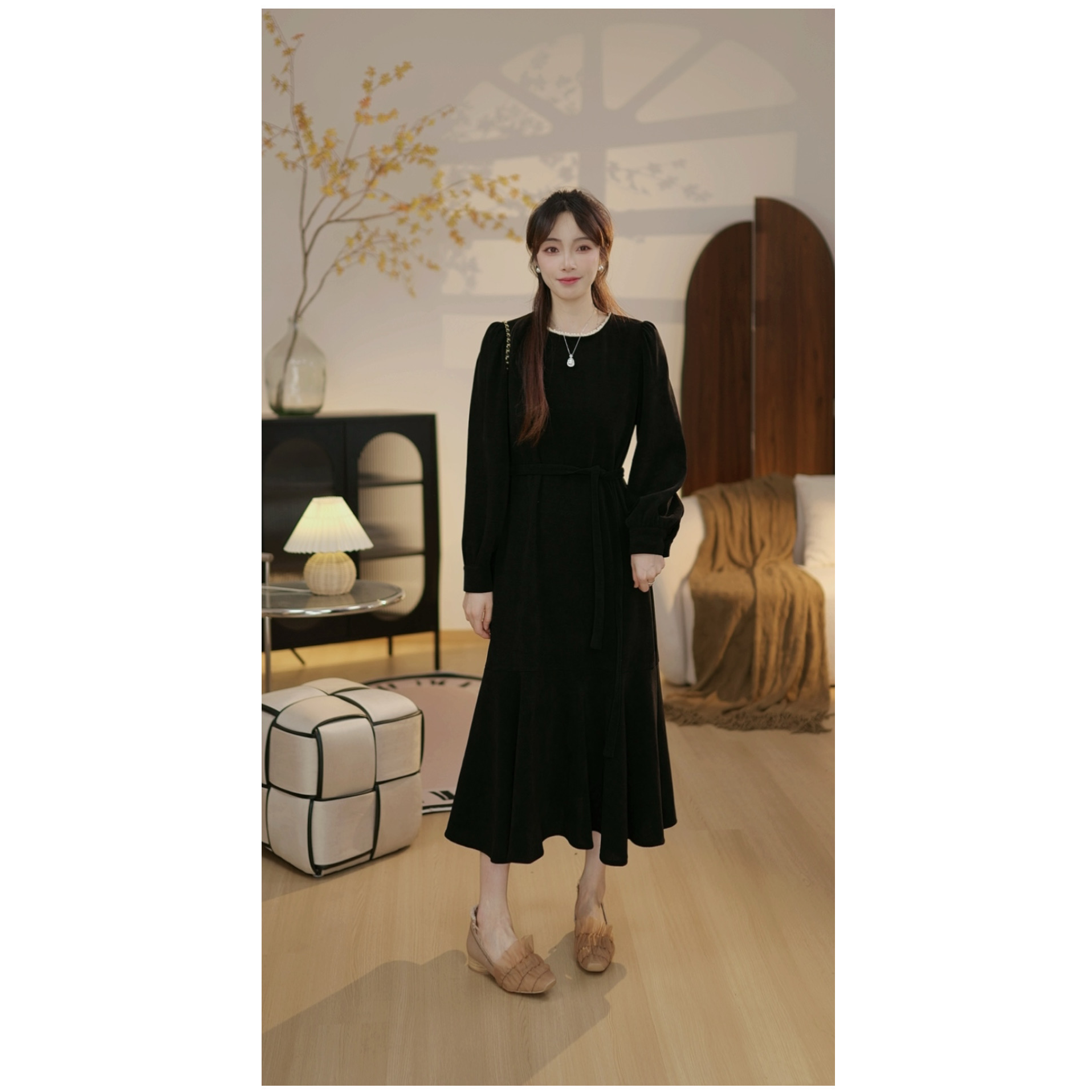 【时光手册A】加绒加厚冬季法式宽松气质显瘦高级感连衣裙黑色长裙