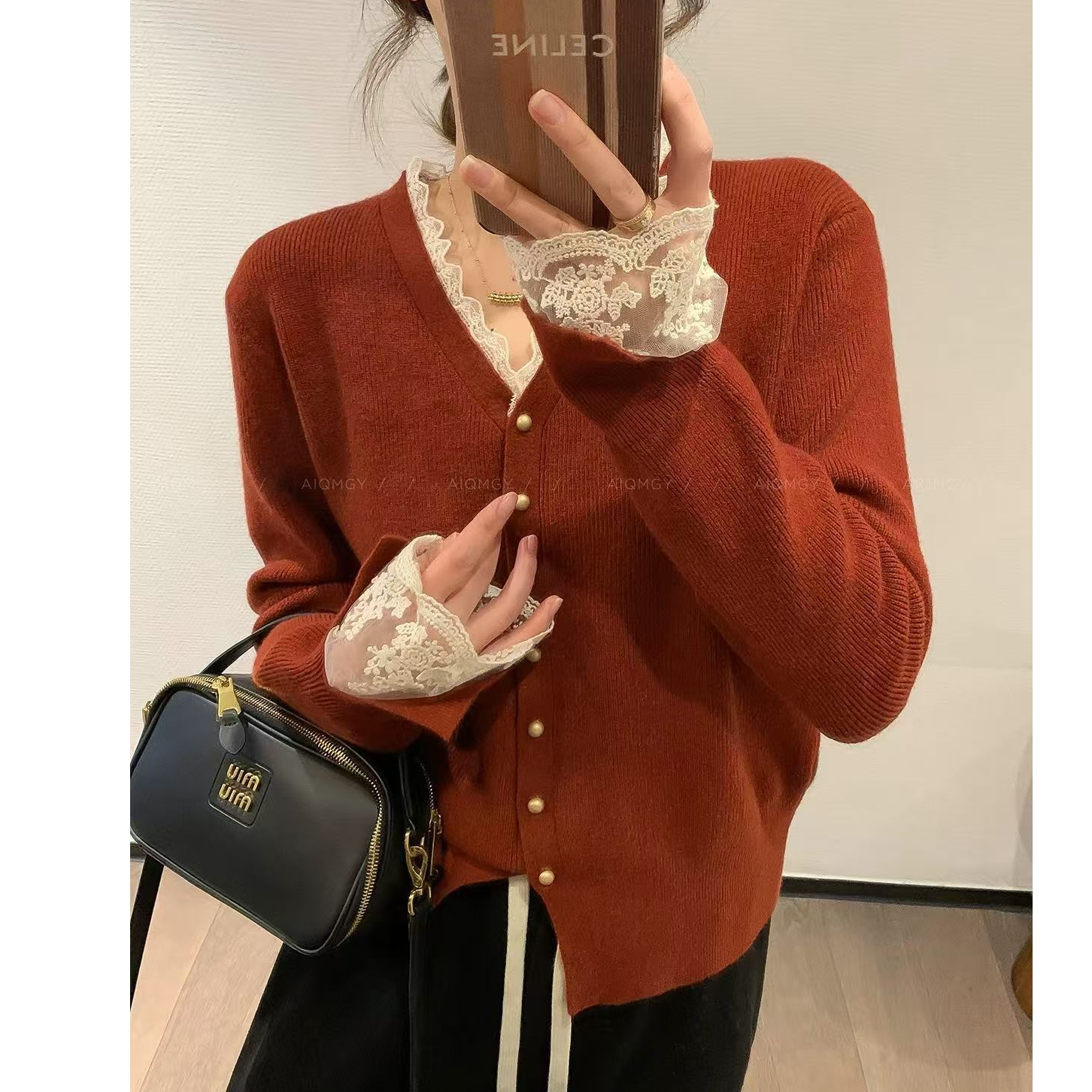 V领蕾丝花边设计感毛衣开衫打底