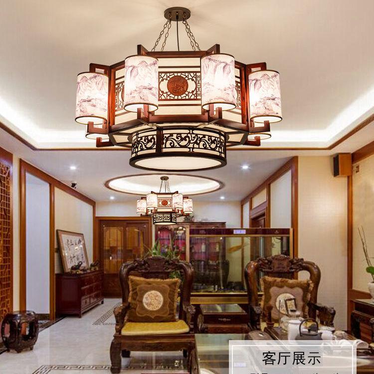 中式实木吊灯客厅仿古餐厅羊皮灯茶楼酒店包厢古典灯具木艺工程灯