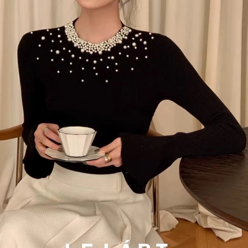 【JIAJIA】法式轻奢珍珠毛衣打底上衣