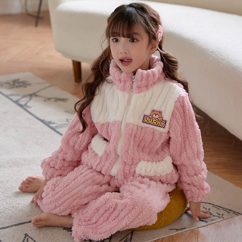 秋冬季儿童法兰绒睡衣男童女童2023拉链新款中大童珊瑚绒家居服
