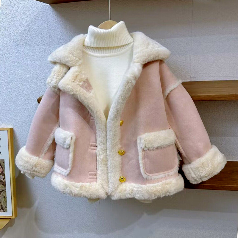 女童皮毛一体外套秋冬款儿童韩版洋气女宝宝冬季加厚上衣女孩大衣