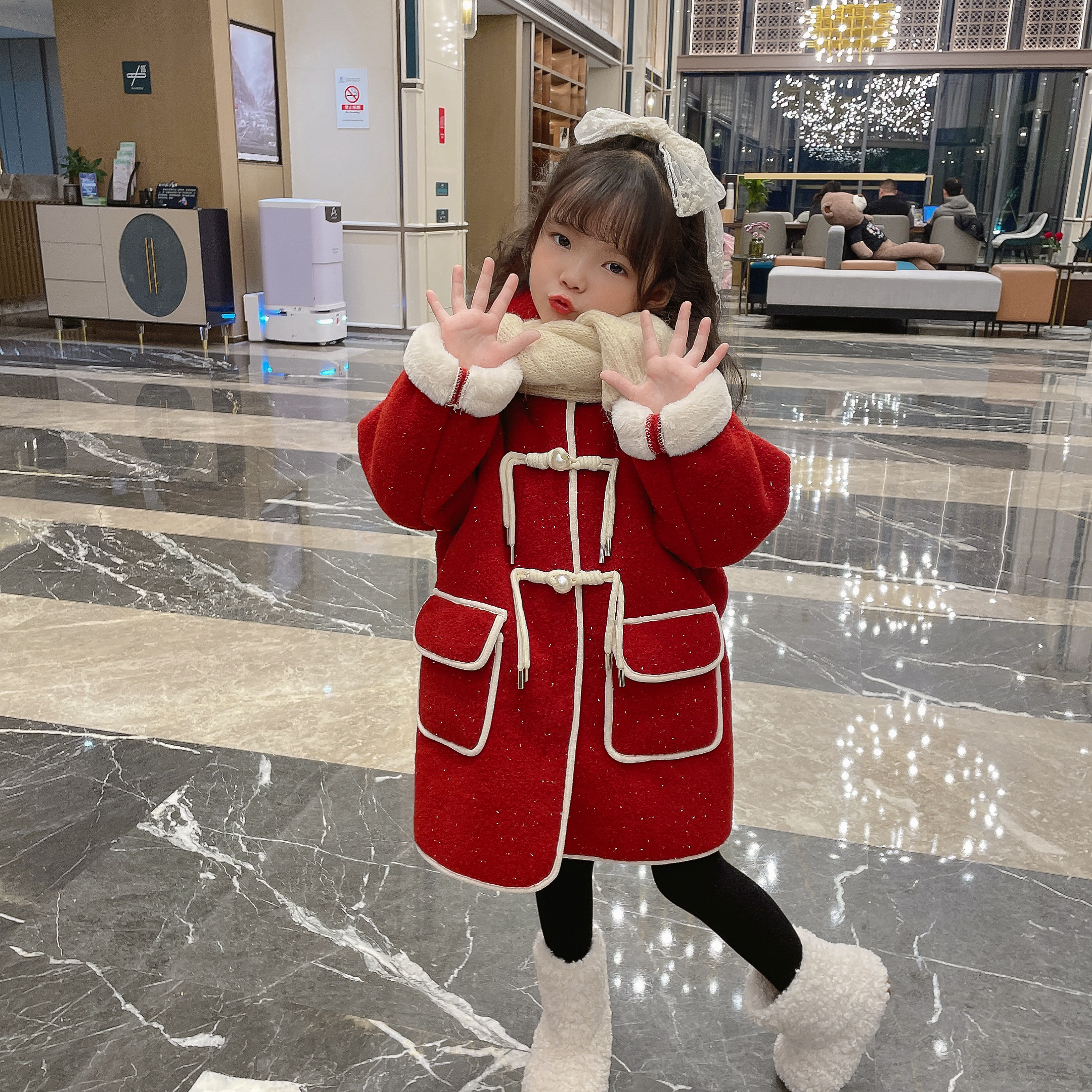 【 现货】女童加绒高级感金丝大衣加绒加厚中长款毛呢外套冬季