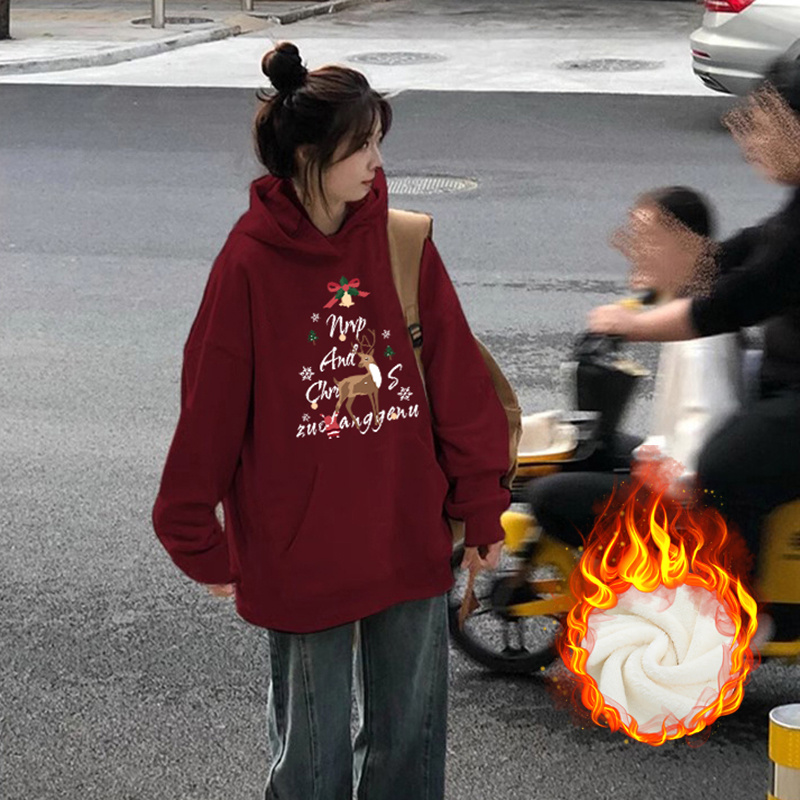 美式hiphop酒红色潮牌显白连帽卫衣2023秋季新款国潮高街长袖上衣