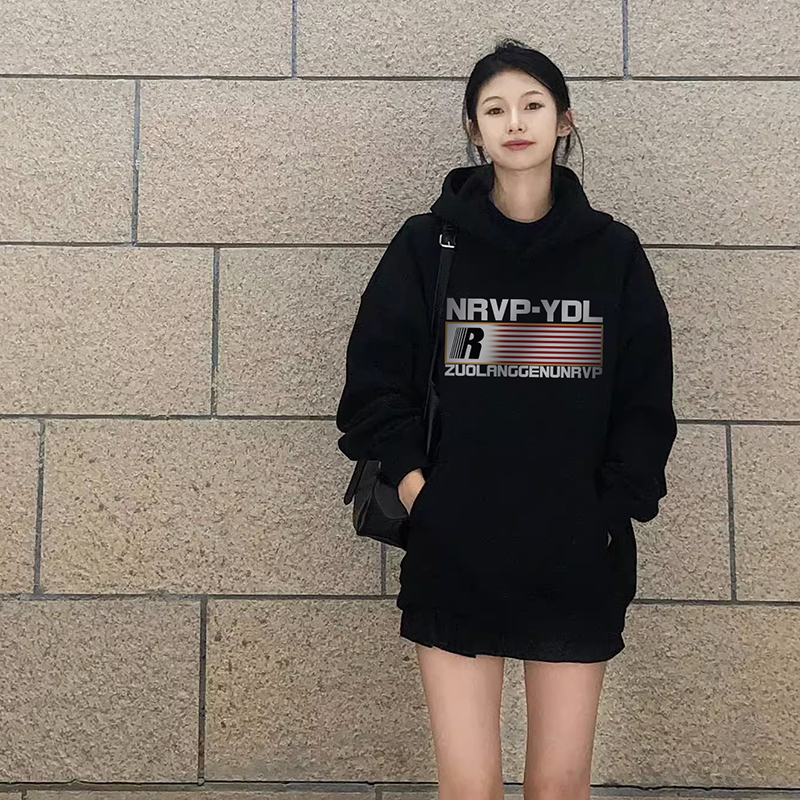 美式oversize高街潮酷黑色连帽个性印花小众情侣卫衣女2023新款秋