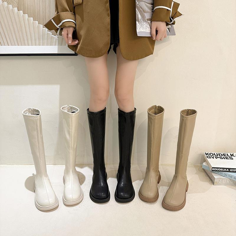 软皮长筒靴女2023年秋冬季新款高档超软懒人一脚蹬春秋款时装靴