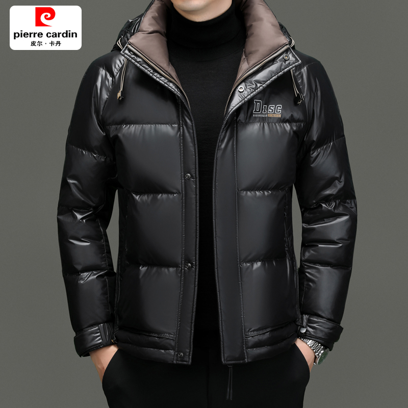 皮尔卡丹2023年冬季新款中老年男士鸭绒连帽保暖羽绒服皮衣外套