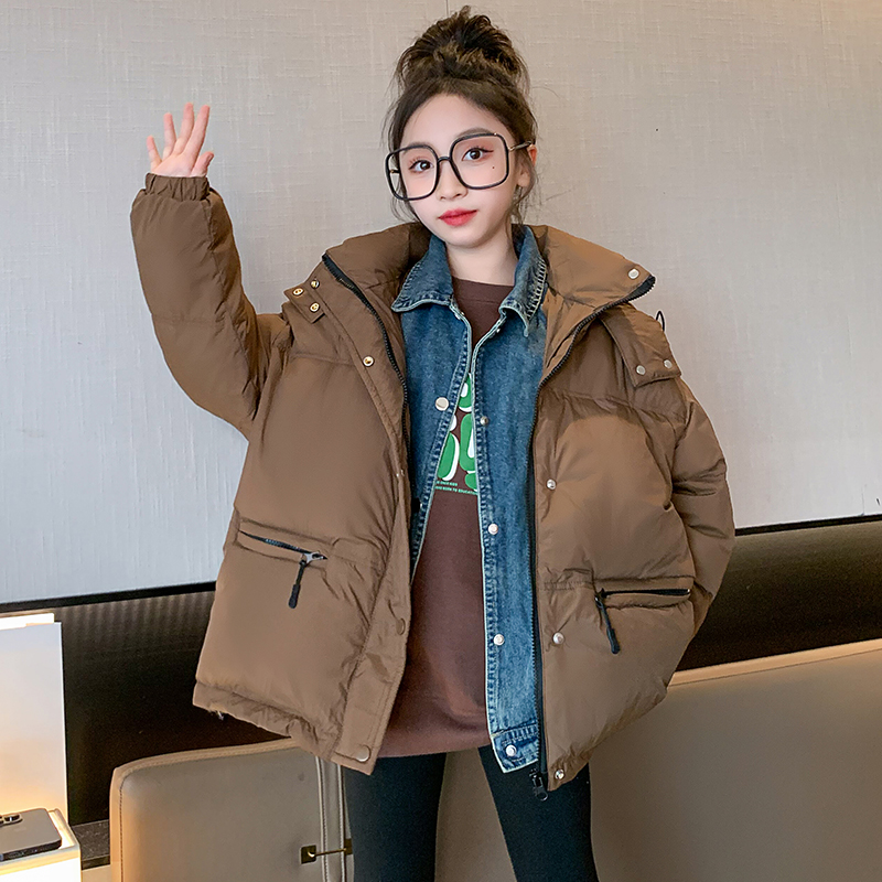 女童牛仔拼接假两件棉服冬装2023新款儿童棉衣秋冬款女孩加厚外套