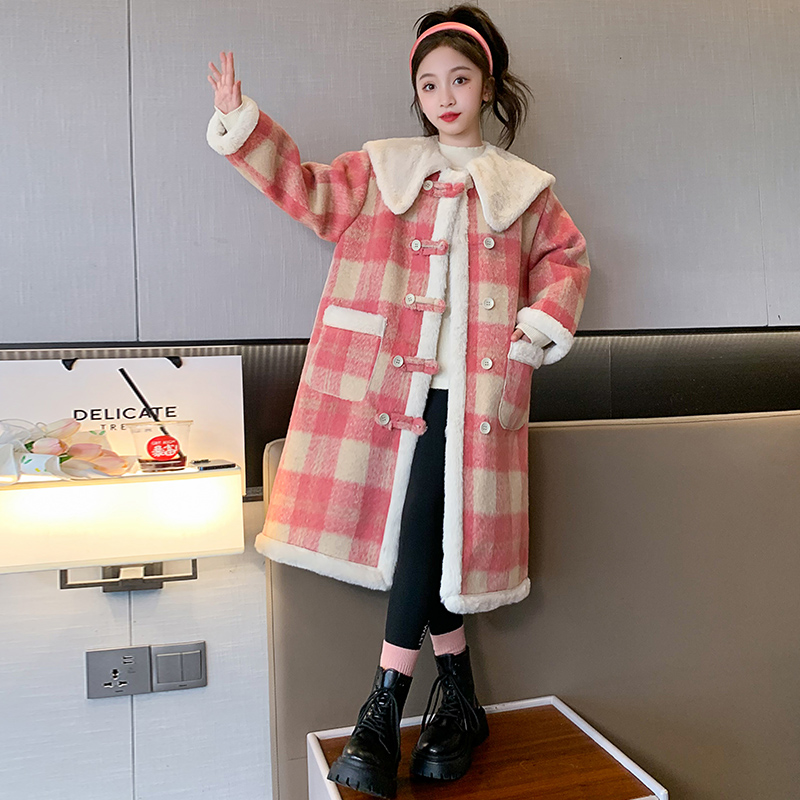 女童加绒加厚毛呢风衣外套2023新款大童秋冬洋气时髦中长款呢大衣