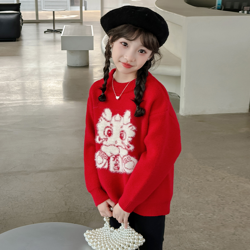 女童红色毛衣大童儿童女孩2024新款龙年本命年衣服打底爆款6-12岁