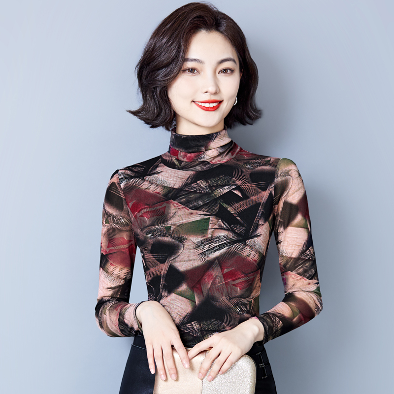 洋气上档次女装网纱高领气质长袖上衣早秋冬新款内搭打底小衫潮牌