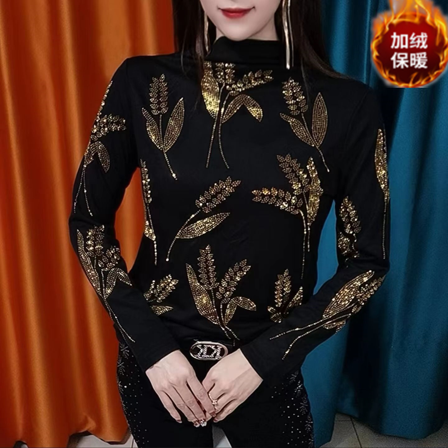 秋冬网红爆款大麦穗重工烫钻半高领肉收腰显瘦打底衫套头简约小衫