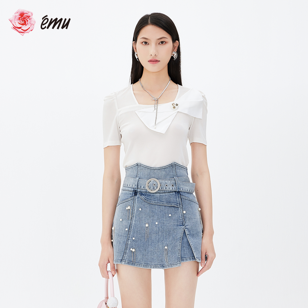 emu/依妙夏季法式方领压褶短袖蝴蝶结修身甜美套头设计感上衣T恤