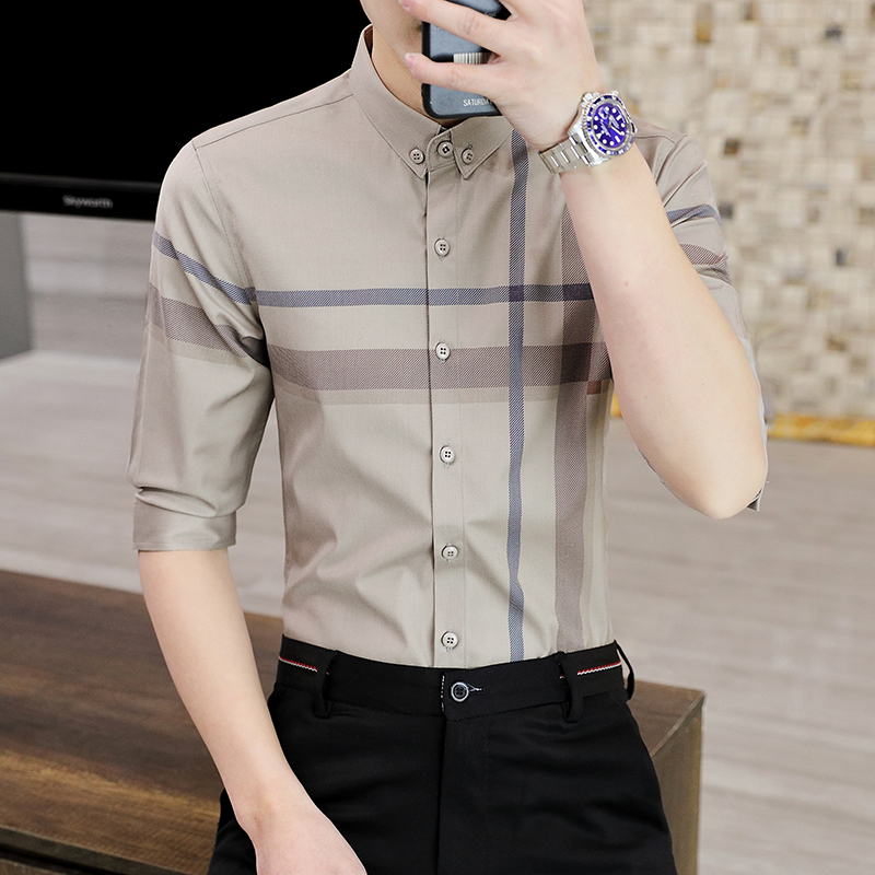 七分袖衬衫男士高端滑料夏季衬衣男装发型师潮流韩版修身短袖寸衫