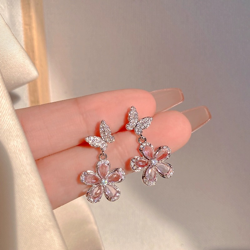 铜合金合成锆石耳饰 银针轻奢小众银色蝴蝶耳环女ins潮冷淡风花朵