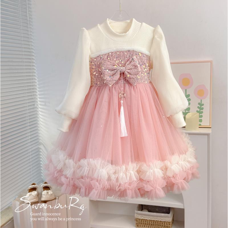 【Y.W756】2023冬季新款女童蝴蝶结小女孩公主裙加绒秋冬女宝连衣裙