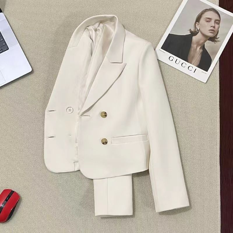 短款双排扣韩版西服潮流款时尚白色常规款春秋休闲西装米白色百搭