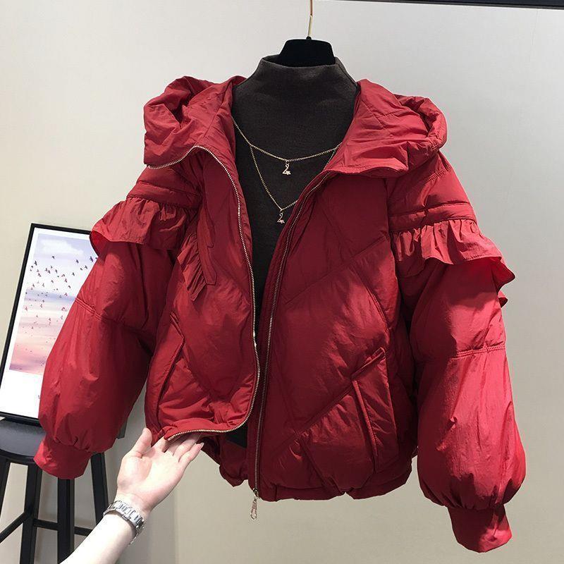 红色棉服今年流行爆款红色短款棉服女小个子2023冬季新款棉袄小众