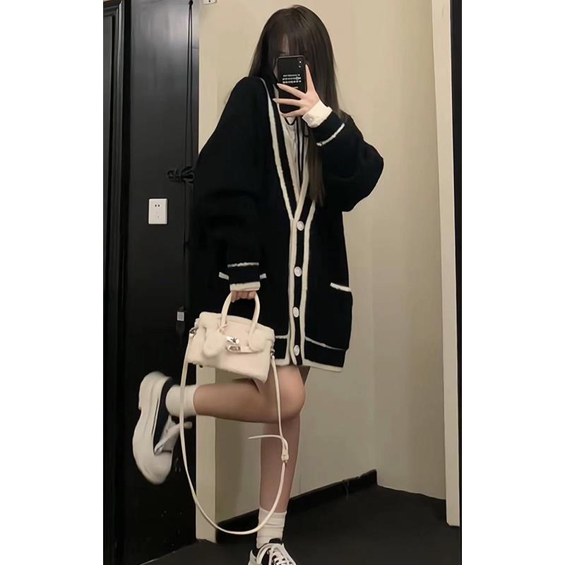 韩系针织开衫韩版慵懒风撞色针织开衫胖mm宽松显瘦秋款女时尚百搭
