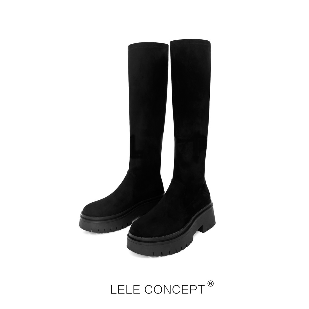 【LELE】秋季百搭新款长筒弹力绒布高筒靴显瘦时尚圆头简约款X0037