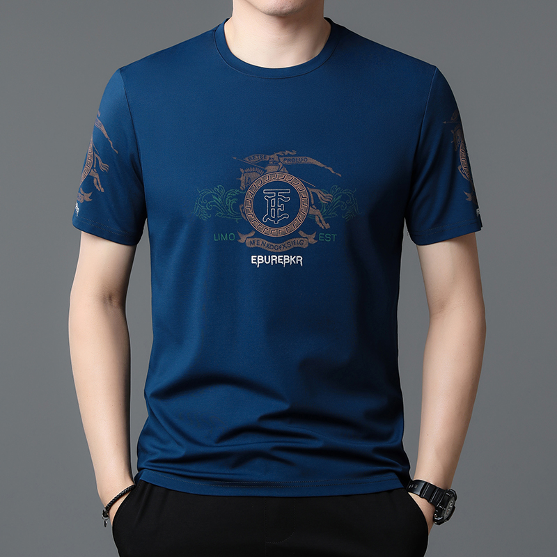巴宝利亚轻奢男装冰丝短袖t恤男士圆领夏季薄款半袖印花衣服T恤潮