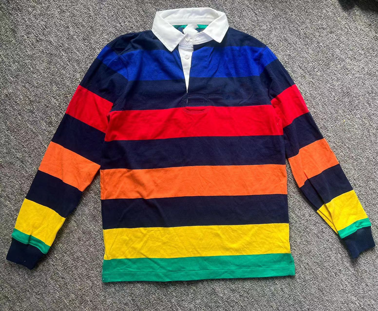 拉夫经典条纹休闲翻领polo长袖衬衫时尚上衣秋季