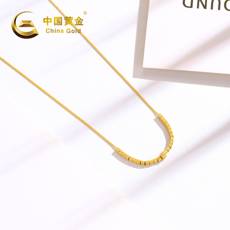 坠链均925银合成锆石 小方糖S925银镀金色项链女款百搭时尚简约
