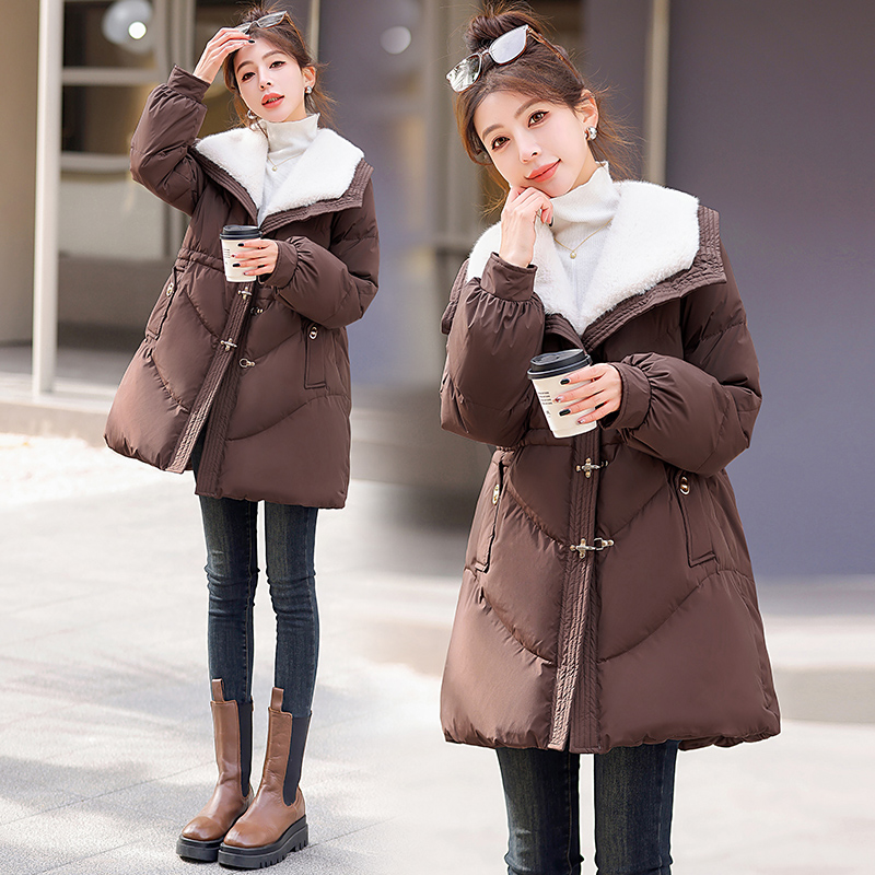 冬季新款小个子韩版宽松时尚海军领洋气减龄中长款白鸭绒羽绒服