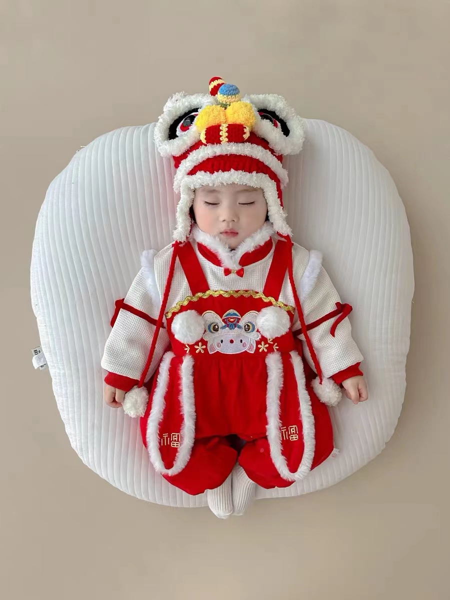 婴儿拜年服冬季过年喜庆衣服夹棉加厚宝宝连体衣红色保暖外出哈衣