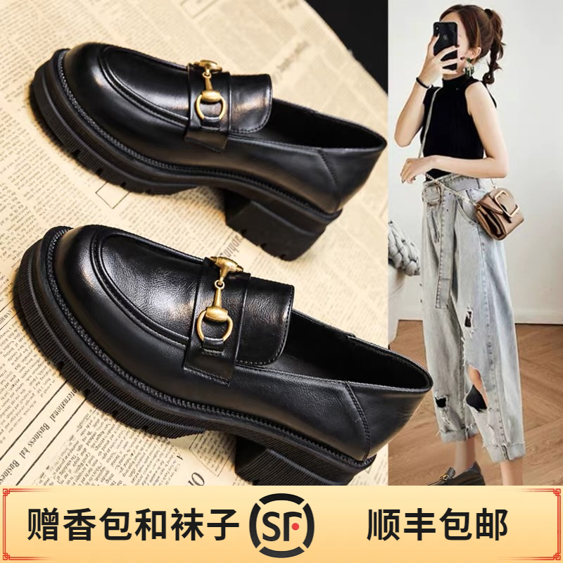 英伦风厚底鞋新款百粗跟厚底乐福鞋百搭黑色鞋圆头乐福鞋时尚秋季
