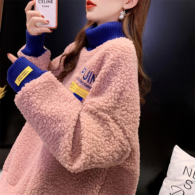 慵懒风卫衣秋冬加绒加厚中长款大码百搭羊羔绒高领刺绣假拼接两件