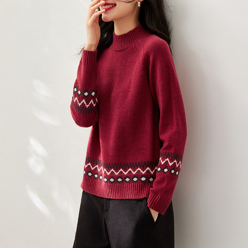 9185 撞色糯半高领红色毛衣通勤针织衫内搭女秋冬新款女士