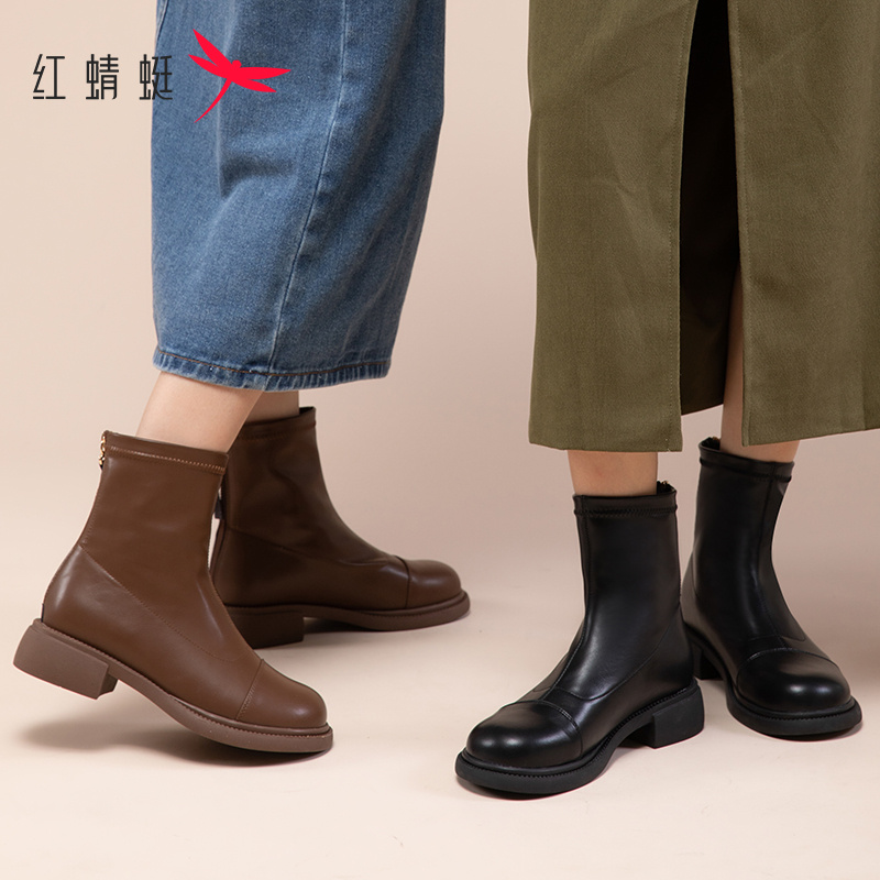 红蜻蜓马丁女秋冬新款厚底英伦风ins潮时尚气质百搭绒款瘦瘦靴