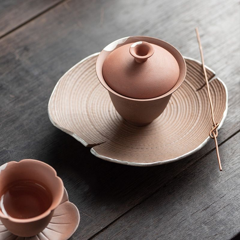 岩矿陶泥鎏银盖碗薄胎轻便新款复古风两才泡茶器小容量手工创意