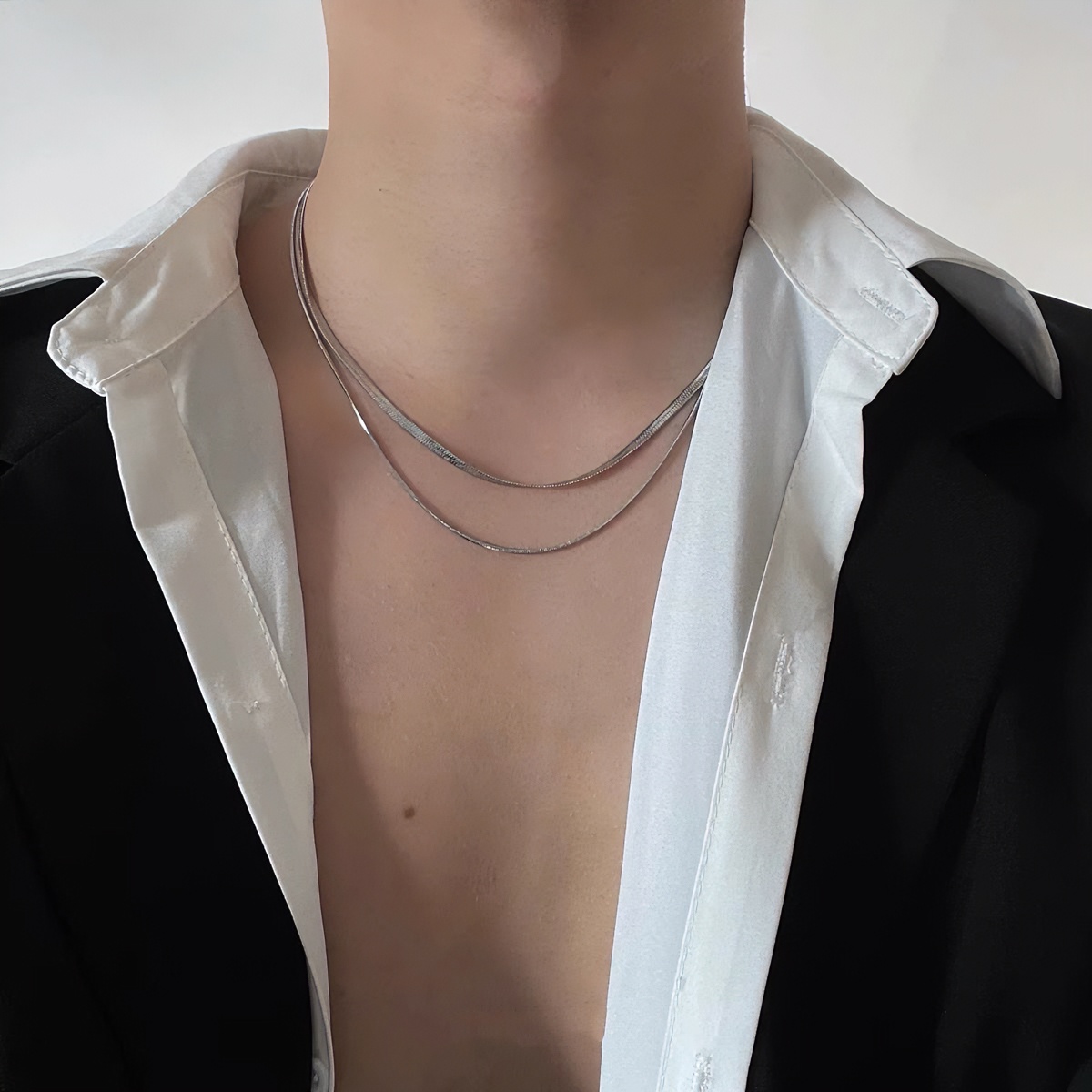 钛钢项链 轻奢双层蛇骨项链男潮流简约小众男士链子锁骨链女饰品