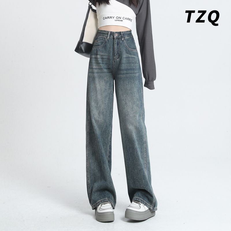 复古直筒牛仔裤女夏季2023新款高腰显瘦宽松垂感拖地阔腿裤子春秋