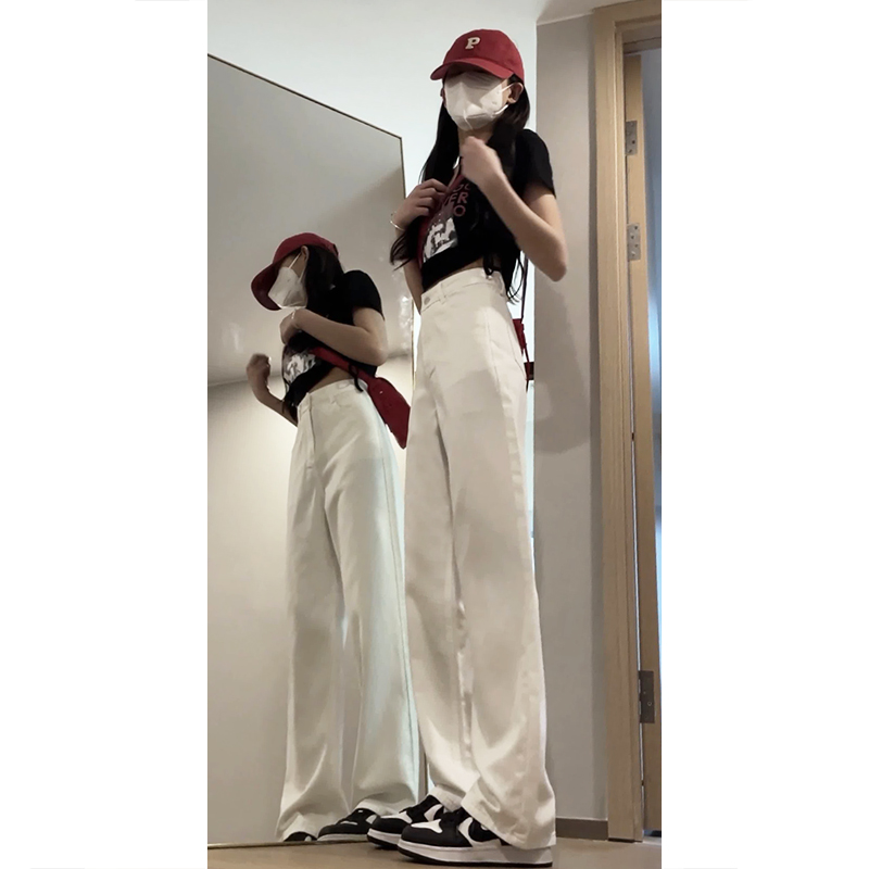 白色牛仔裤女阔腿裤春秋款2023新款小个子显高垂感高腰拖地直筒裤