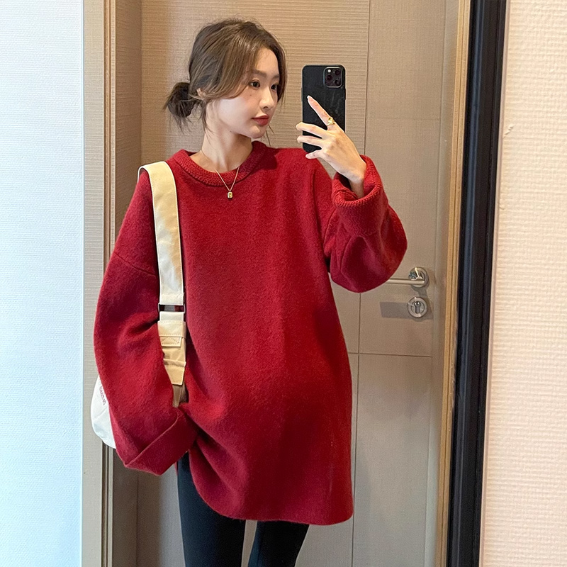 过年新衣孕妇软糯毛衣秋冬季时尚辣妈红色加厚宽松百搭慵懒风上衣