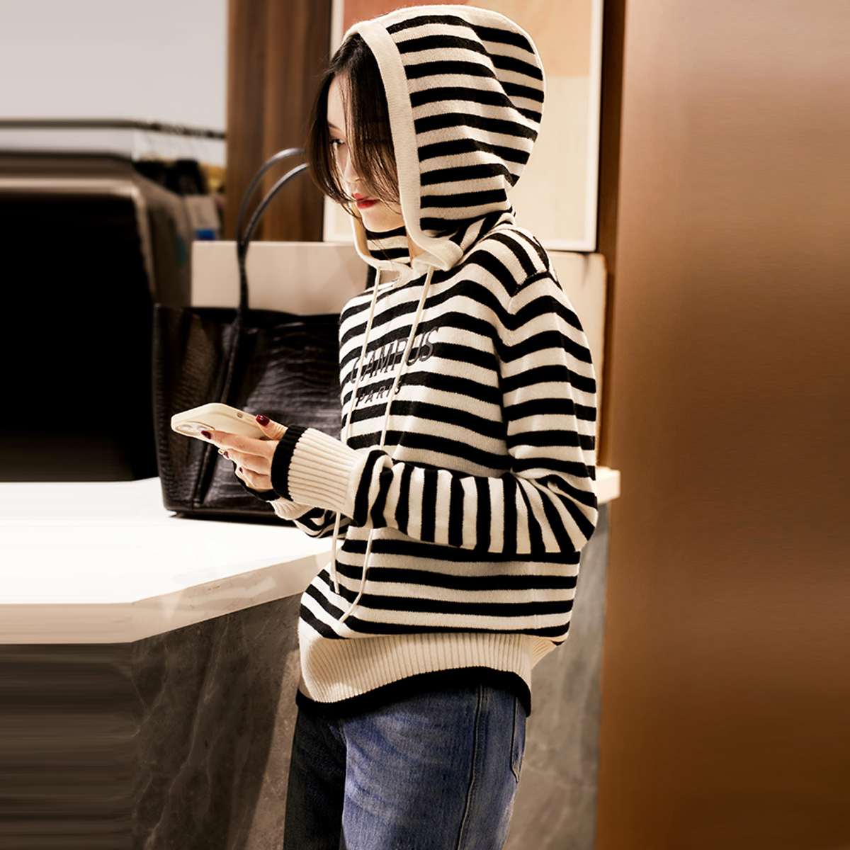 奥特莱斯商场大牌剪标清仓捡漏经典条纹设计感百搭连帽针织毛衣潮