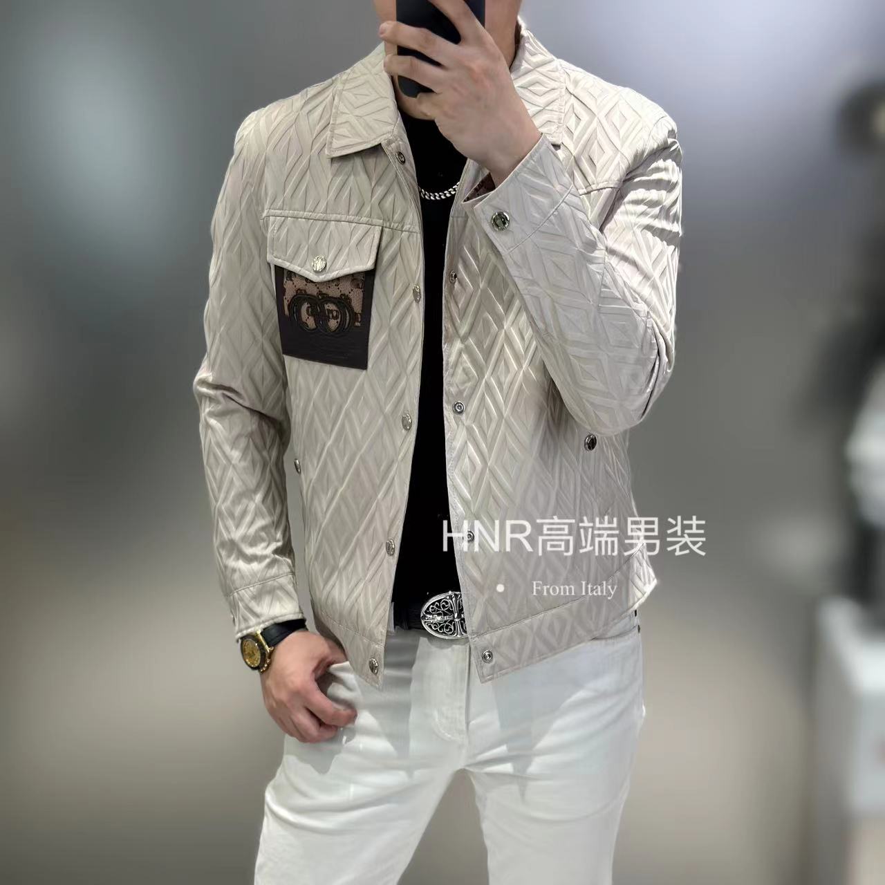 纯色菱形格子图案新款高端男士高品质时尚潮流休闲百搭轻奢夹克